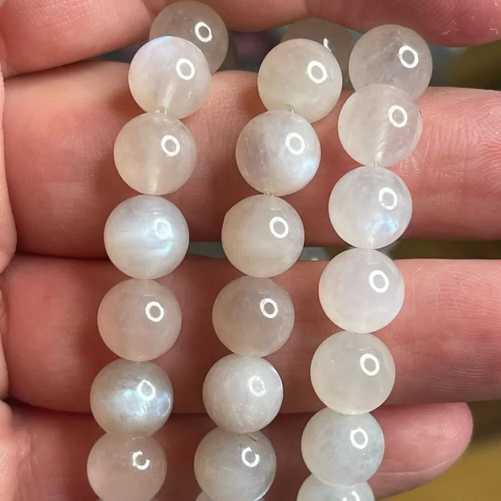White Moonstone beaded bracelet 7” crystal healing beads 8mm blue flash